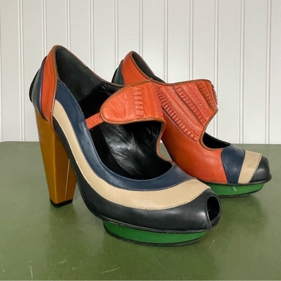 Kron by Kronkron Platform Multi Color Patchwork Peep Toe Mary Jane Heels *Spain* - Picture 2 of 14